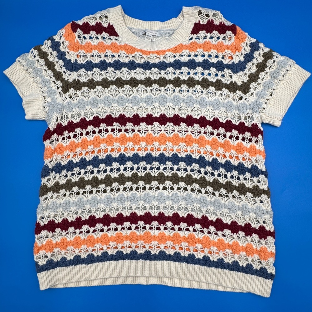 Cato Womens Plus 18/20W Short Sleeve Crochet Knit Striped Sweater Multi-Color